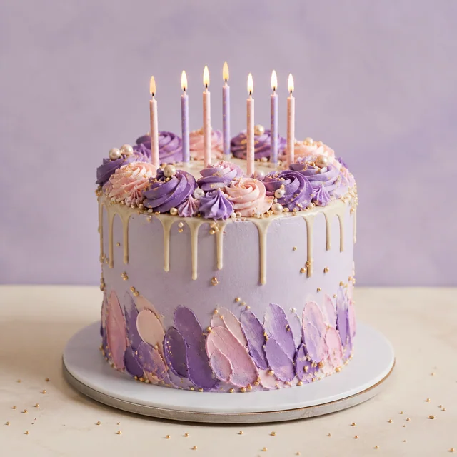 Lavender and blush birthday cake with candles