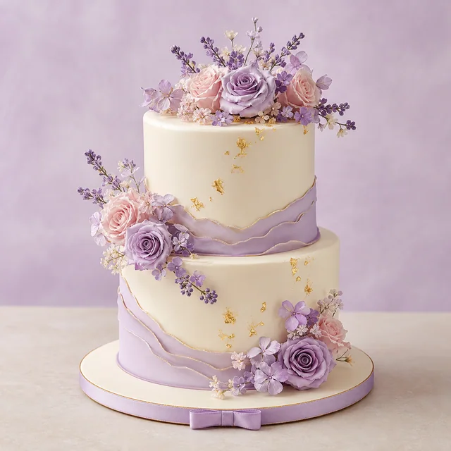 Ivory two-tier wedding and event cake with purple flowers